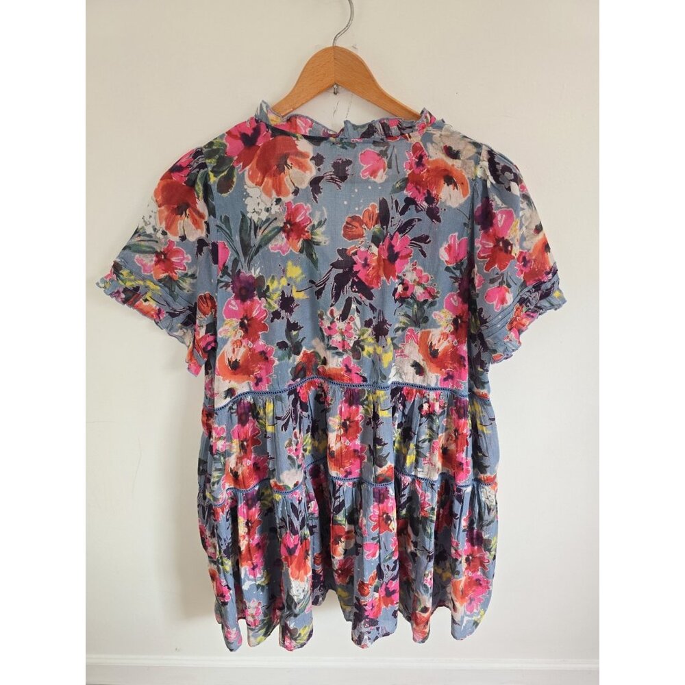 Sundance Annabelle Floral Blue Pink Cotton Dress XXL Short Sleeves Tassle Ruffle - Picture 8 of 11